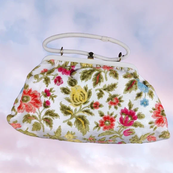 Vtg 60s Colorful White Red Yellow Blue Green Retro Tapestry Floral Hand Bag - Picture 6 of 8